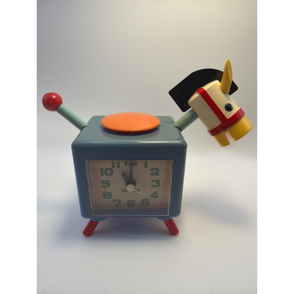 Vintage Xonex Horse Alarm Clock Blue Mid Century Modern Wind Up Toy Style